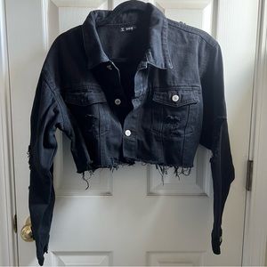 SHEIN black distressed cropped denim jacket
